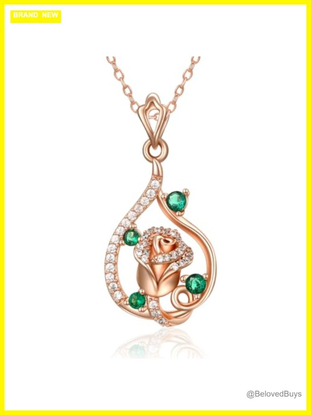 14K Rose Gold Teardrop Pendant Necklace Emerald 3D Rose Relief